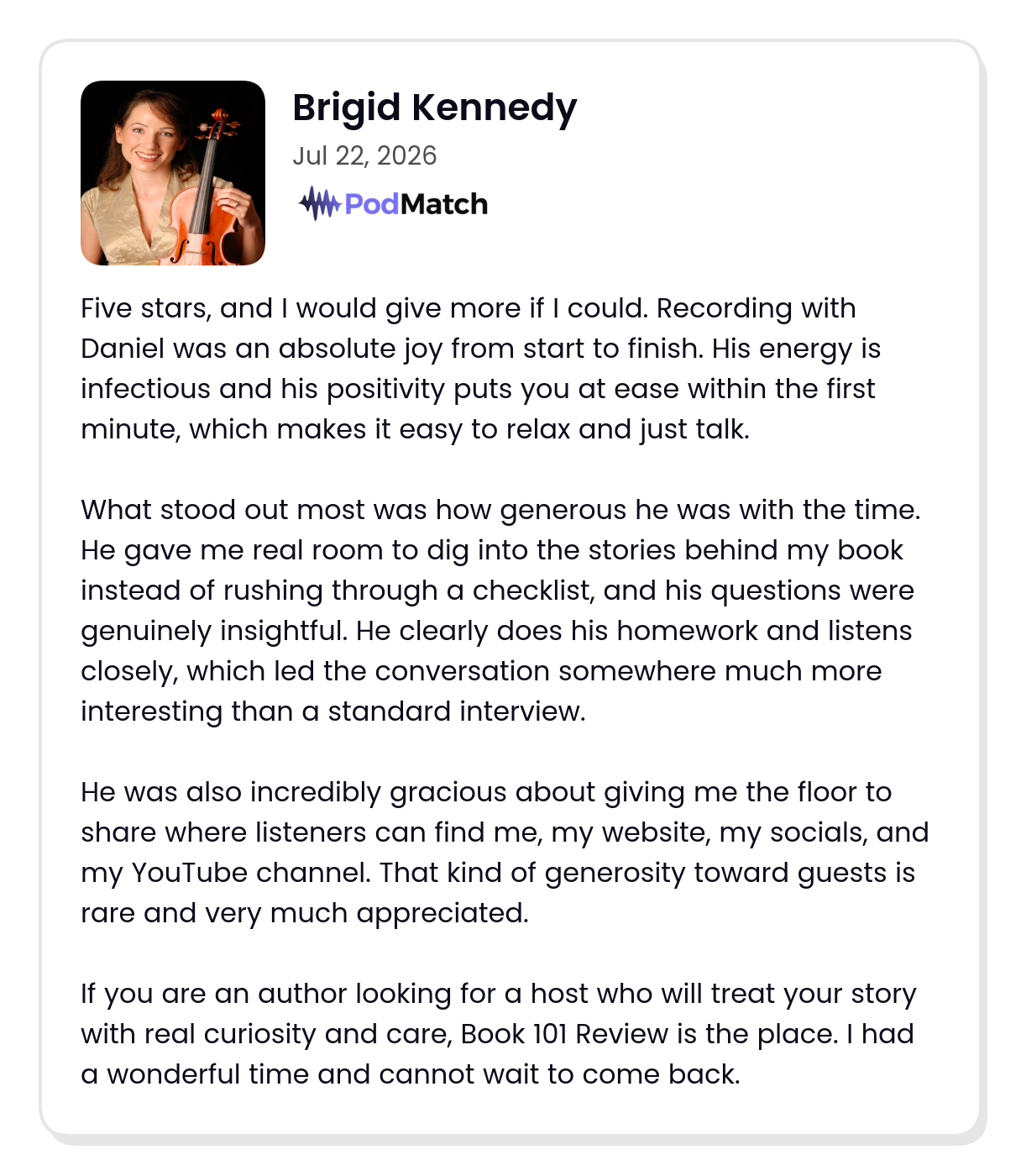 PodMatch guest review from Brigid Kennedy