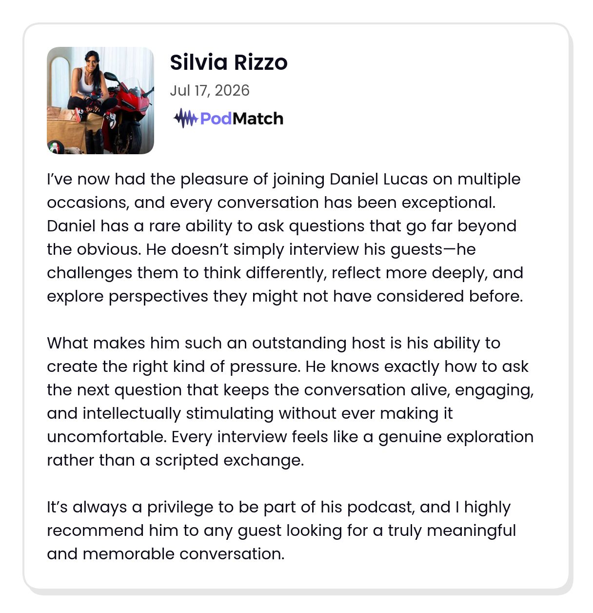 PodMatch guest review from Silvia Rizzo